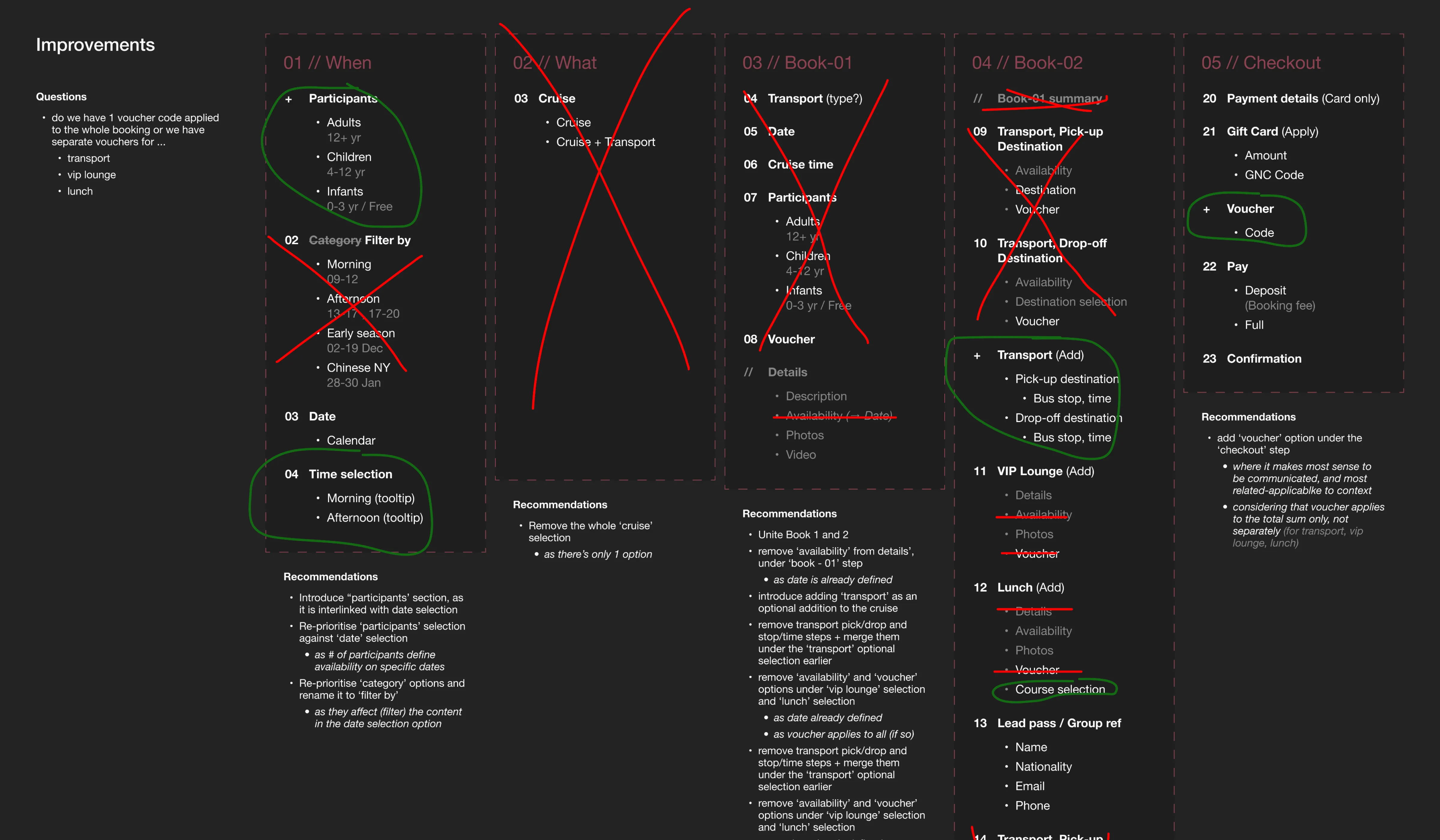 Booking flow with proposed changes marked